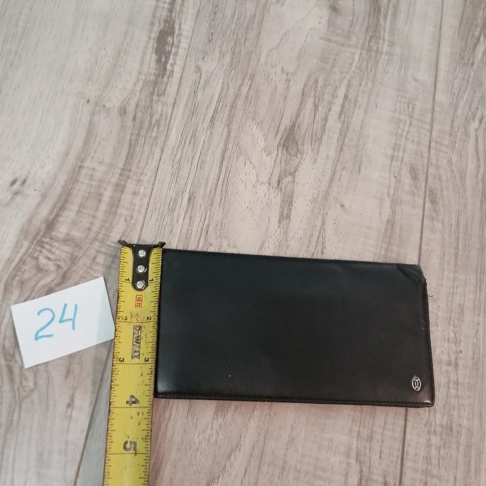 CARTIER 2C Logo Bifold Wallet Purse Leather Black Silver Made in France
